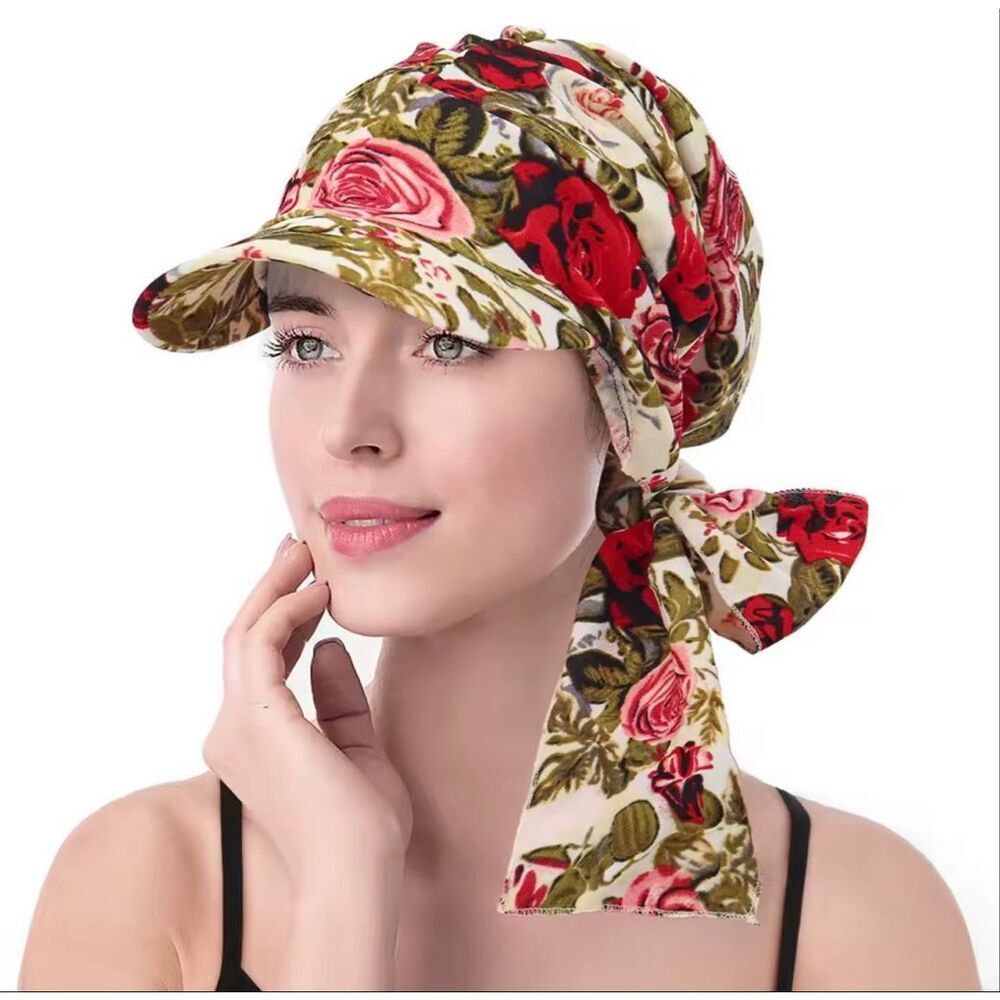 Luxury Floral Turban Hat w/ Visor – Chic Head Scarf Cap – Rose Print NWOT